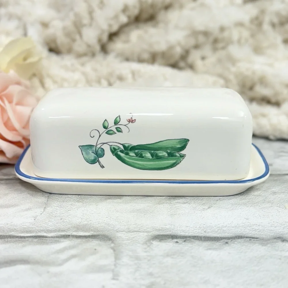 Vintage Pfaltzgraff Summer Garden Butter Dish Stoneware USA Peas Pod Squash
